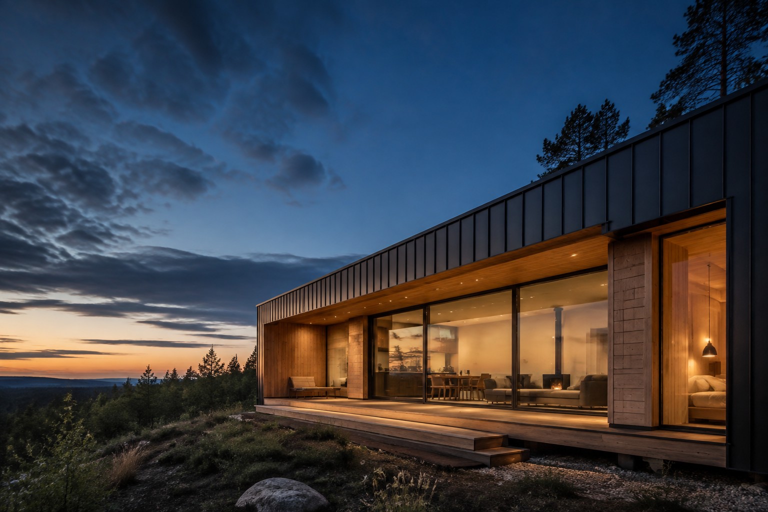 Imagen ilustrativa de una vivienda contemporánea con madera, acero y ventanales